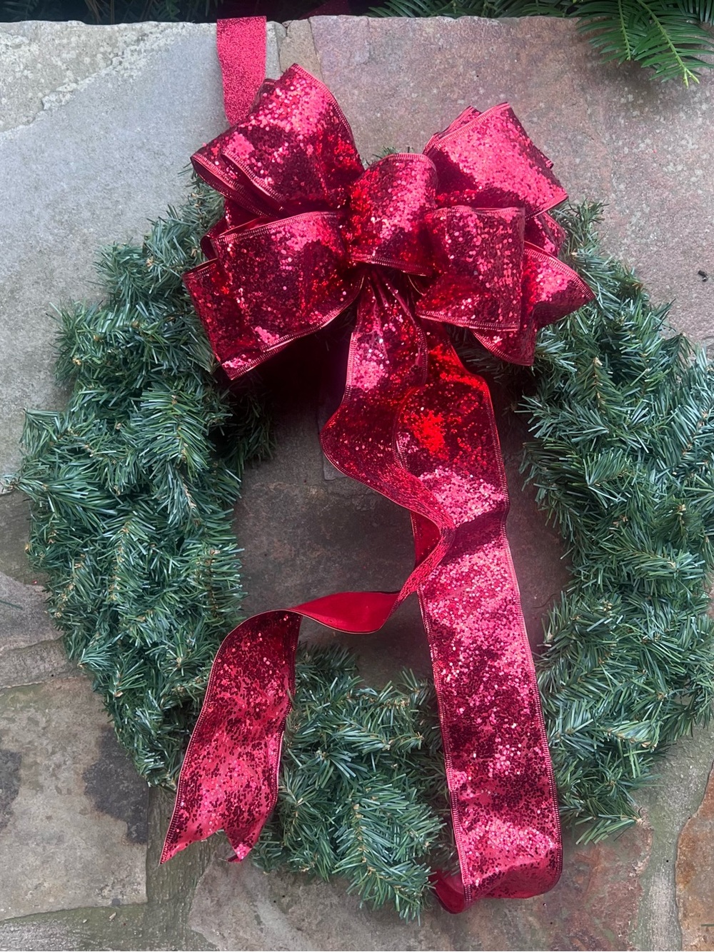 Festive Red Glitter Bow Wreath Accent